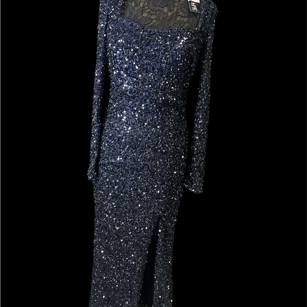 Xscape Navy Long Sleeve Sequin Gown